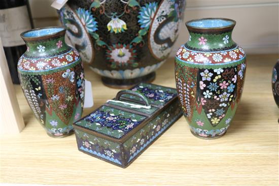 A Chinese cloisonne jardiniere, two similar pairs of vases and a cigarette box and a Japanese bronze vase with pierced handles (a.f)